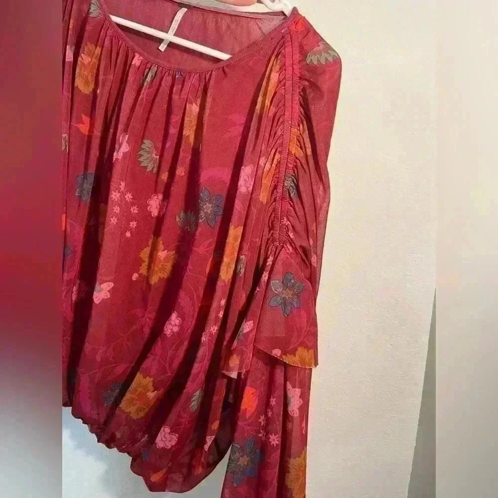 Free People Floral Print Mesh Top Ruched Balloon Sleeve Peasant Top Size Small